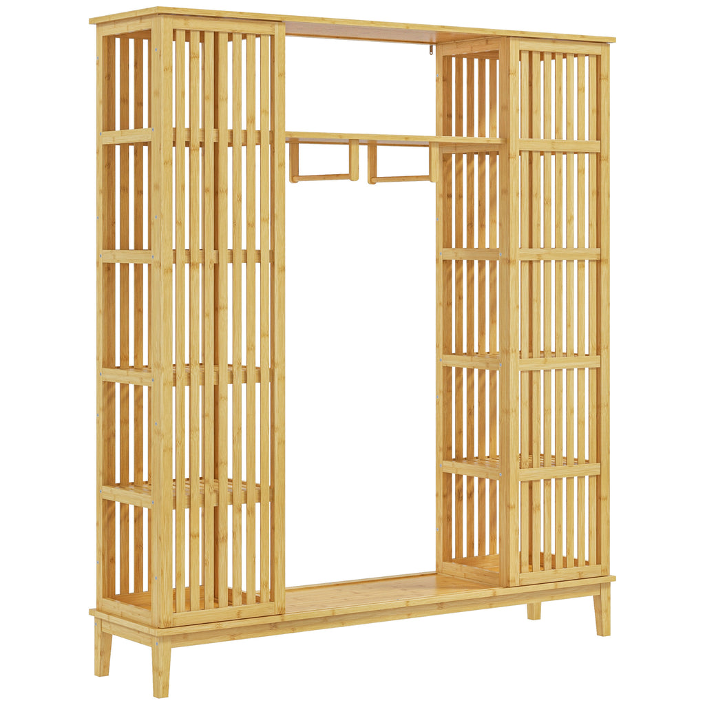 Armoire en bambou avec 2 portes coulissantes, étagères et tringle, grande armoire pour la chambre, 145 x 35 x 165cm-0