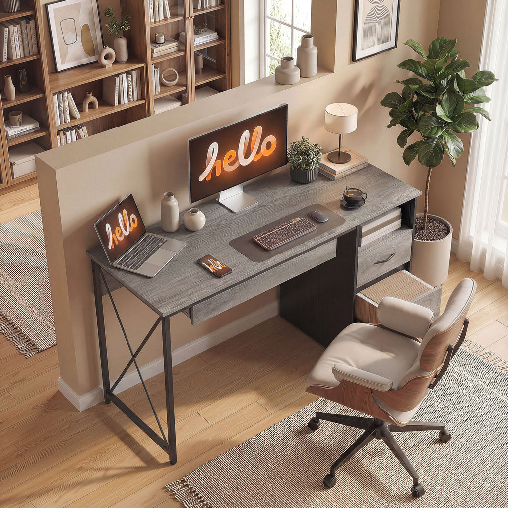 Bureau d'ordinateur, 120×50cm, bureau avec rangement, plateau clavier, compartiment ouvert et 2 tiroirs, gris-9