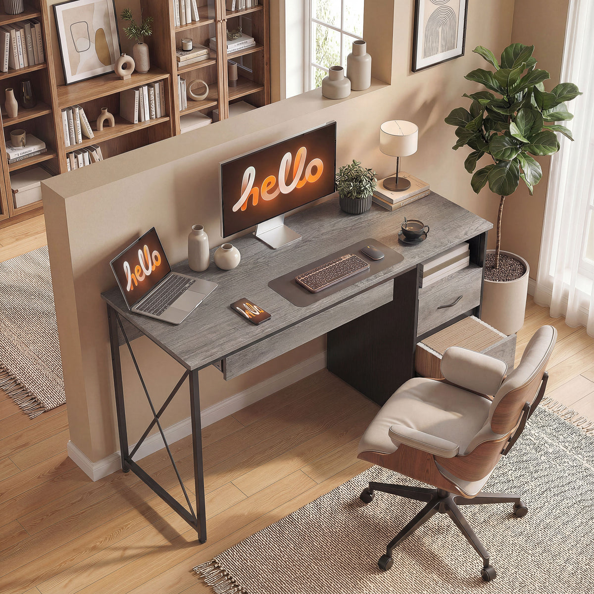 Bureau d'ordinateur, 120×50cm, bureau avec rangement, plateau clavier, compartiment ouvert et 2 tiroirs, gris-9