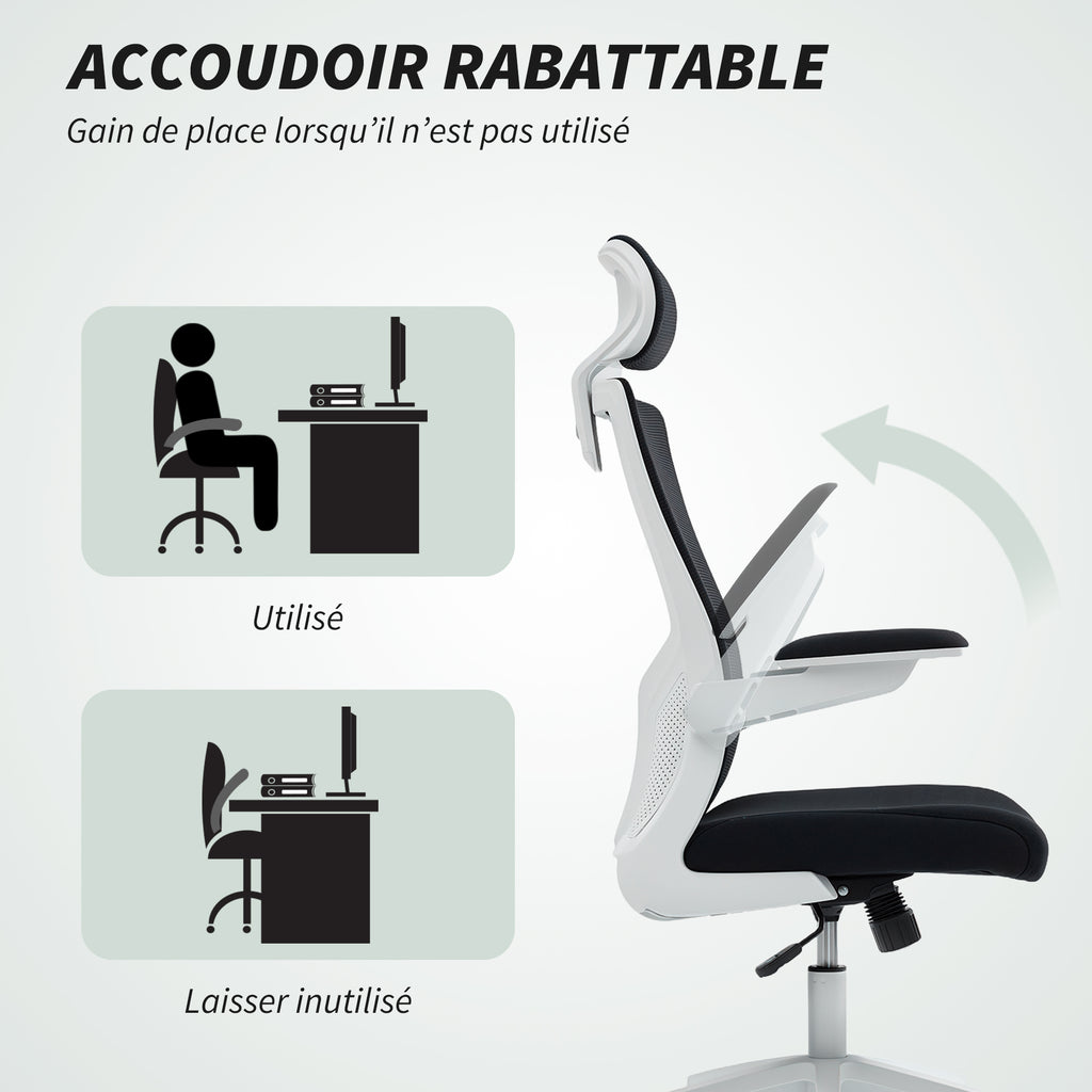 Chaise bureau ergonomique, fauteuil de bureau, accoudoirs relevables, soutien lombaire, appui-tête, 60x63x120cm, noir-6