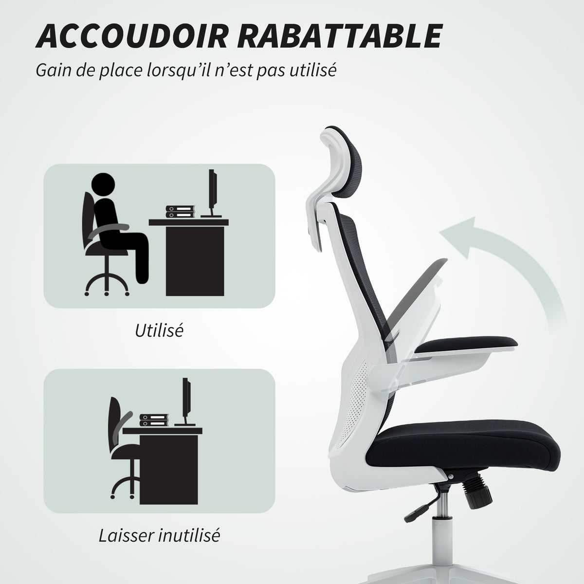 Chaise bureau ergonomique, fauteuil de bureau, accoudoirs relevables, soutien lombaire, appui-tête, 60x63x120cm, noir-6