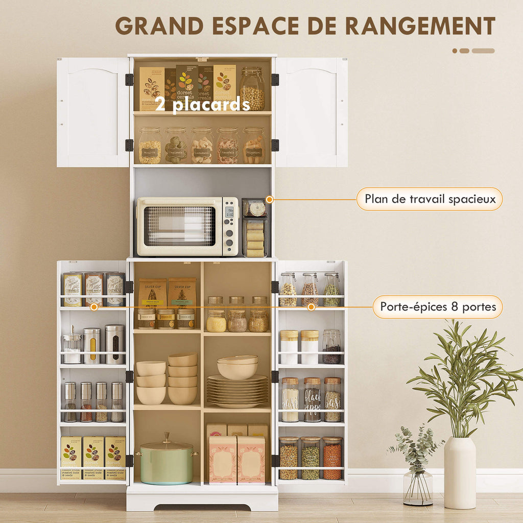 Buffet haut cuisine armoire de cuisine, 4 portes plan de travail 8 porte-épices étagères réglables 60x40x181,5cm blanc-3