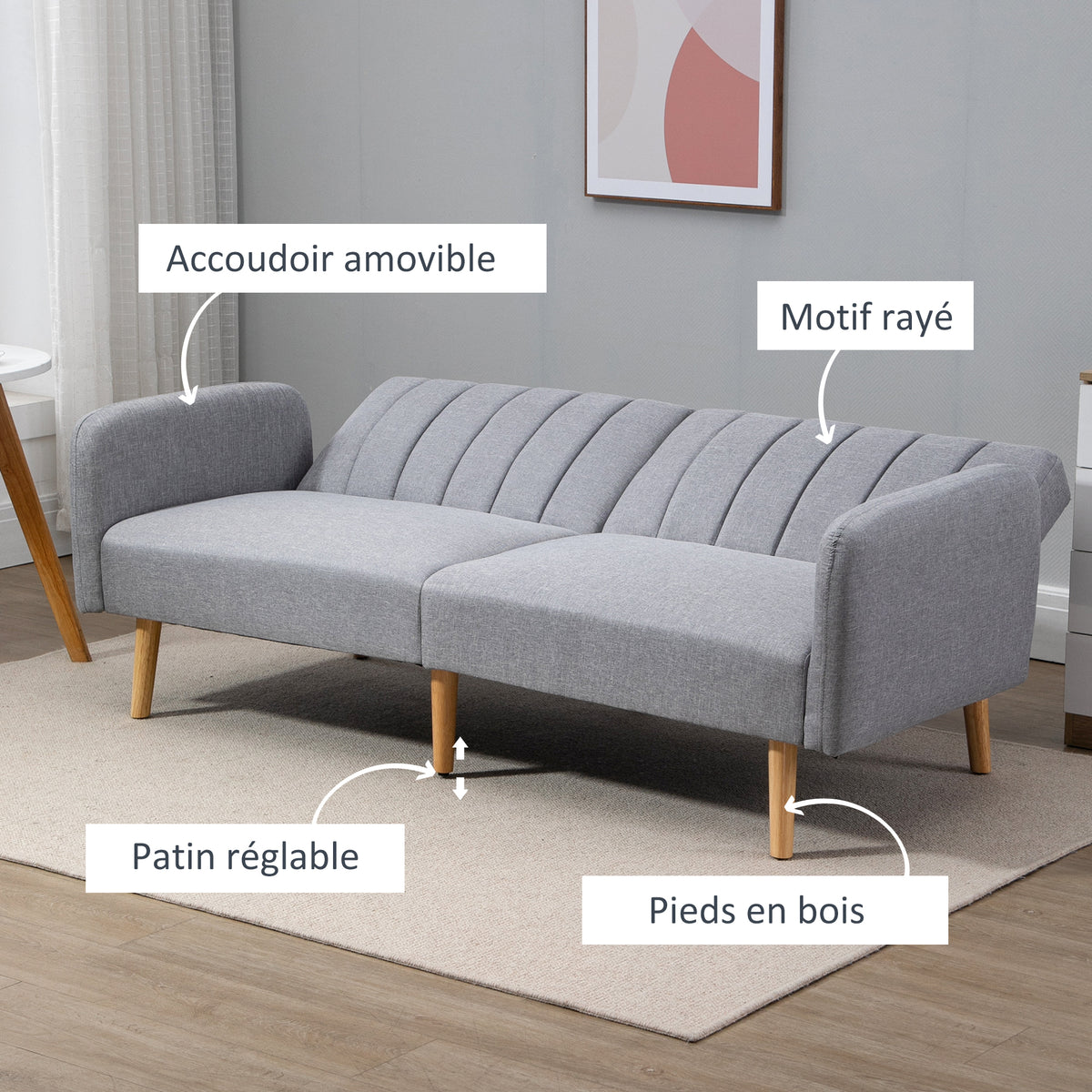 Canapé Convertible 2 Places Design scandinave Dossier inclinable 3 Positions Pieds Bois Tissu Aspect Lin Gris-5