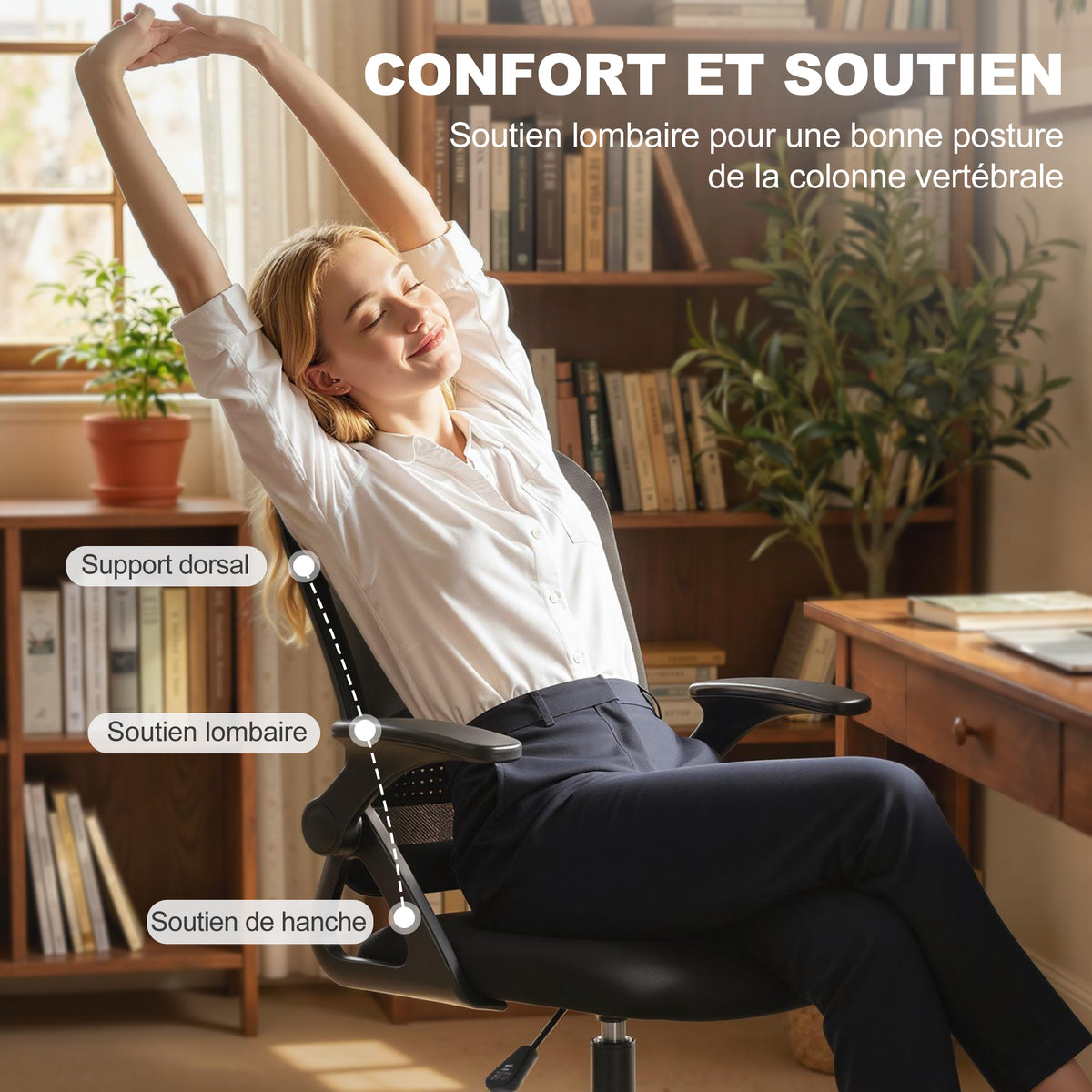 Chaise de bureau en maille, chaise d'ordinateur avec accoudoirs rabattables, hauteur réglable, repose-pieds, noir-5