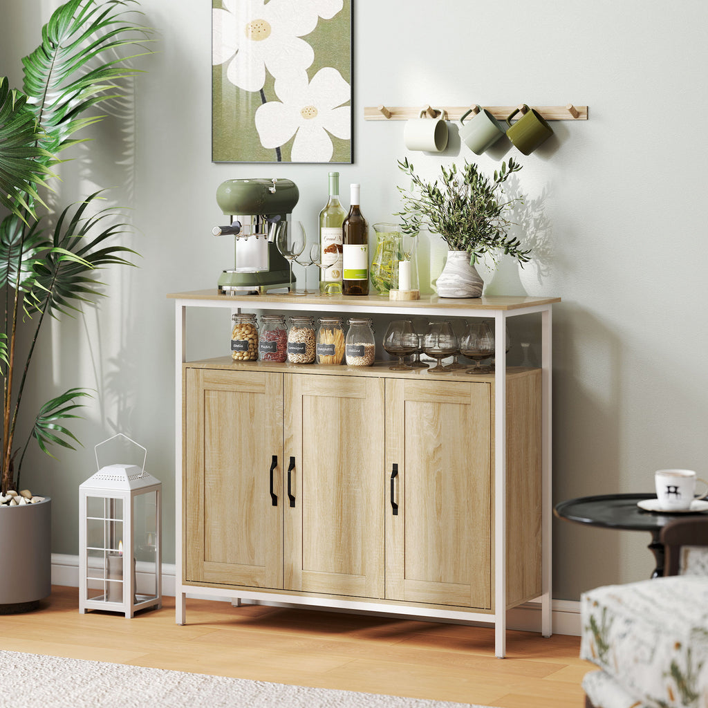Buffet, meuble de rangement avec 3 portes, compartiment ouvert et 4 étagères réglables, 100 x 35 x 88 cm, bois naturel-6
