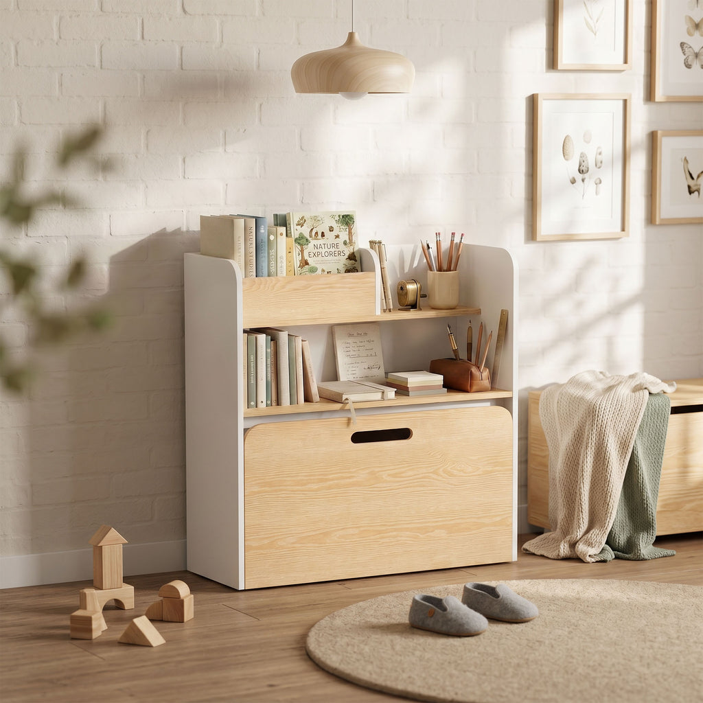 Bureau et Chaise pour Enfant 5 en 1 avec Bibliothèque et Banc Coffre à Roulettes, pour 3 à 8 Ans, Blanc-8