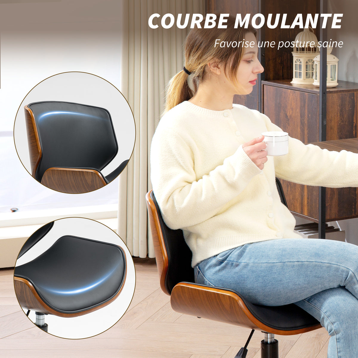Chaise de bureau sans accoudoirs, fauteuil de bureau ergonomique, hauteur réglable et pivotant 360°, 52x54x84cm, noir-3