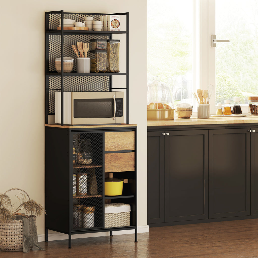 Buffet, armoire de cuisine, plan de travail, porte coulissante, tiroirs et étagères ouvertes, 60x40x180cm, bois naturel-7
