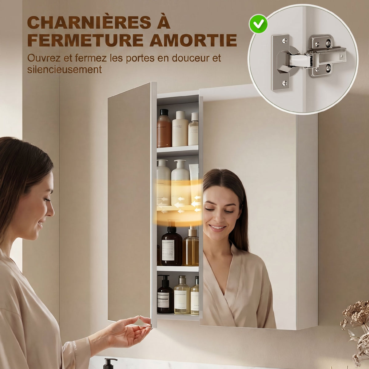 Armoire avec Miroir en Bois Rangement Salle de Bain Fermeture Porte Tampon MDF-6