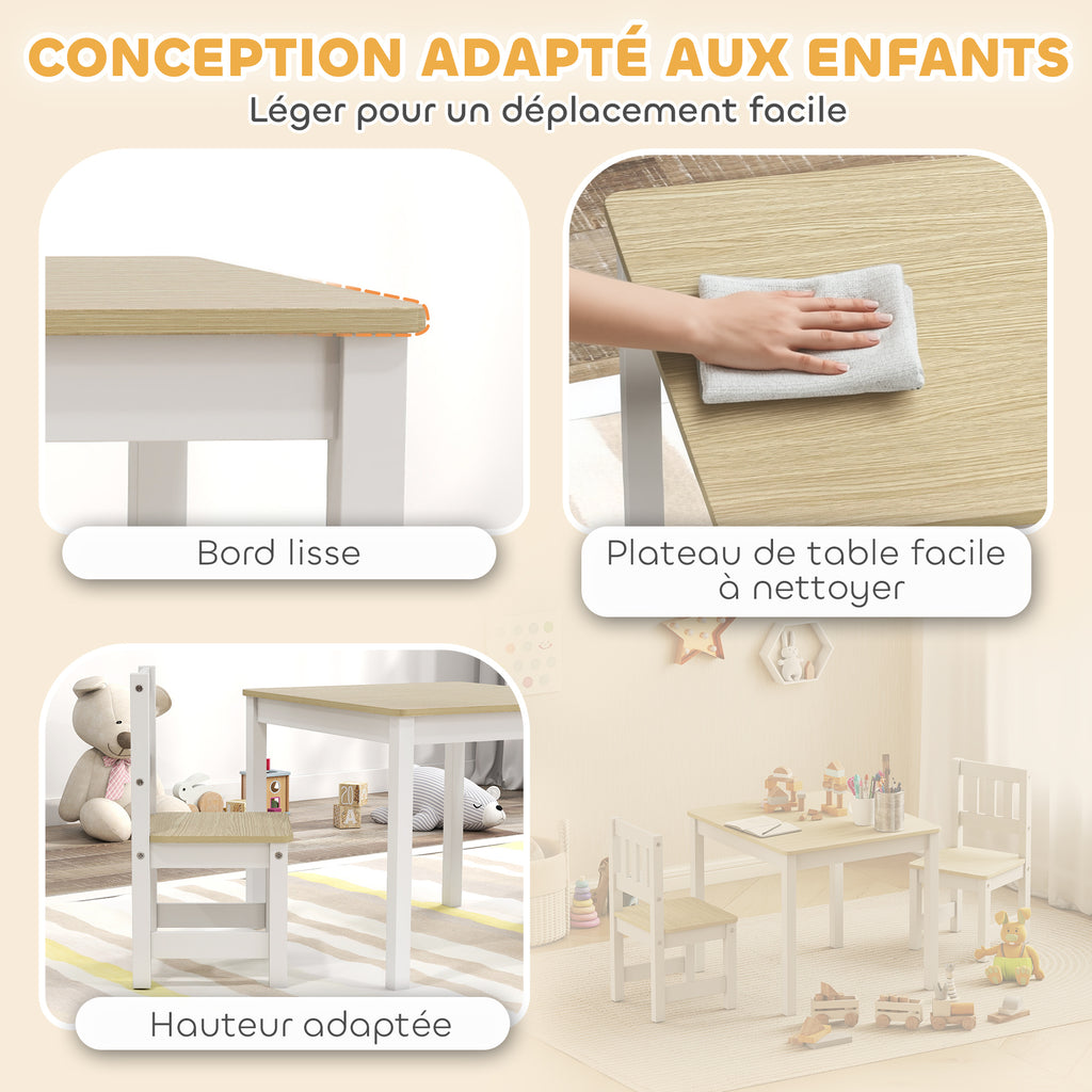 Table enfant avec chaise, lot table et 2 chaises enfant en bois pour dessiner, jouer, étudier, 56x52x48cm, bois naturel-3