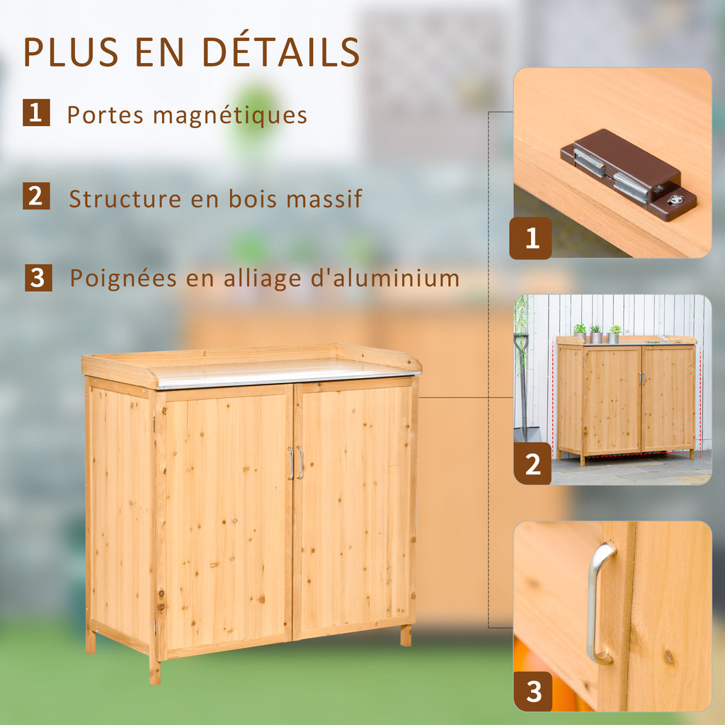 Armoire de jardin sur pied table de rempotage 2 en 1 - table de jardinage double porte, étagère, plateau tôle-6