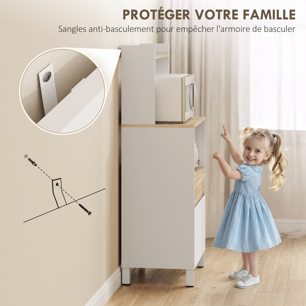 Meuble micro onde, buffet cuisine avec placard tiroir étagère supérieur, 60 x 40 x 131 cm chêne et blanc-5