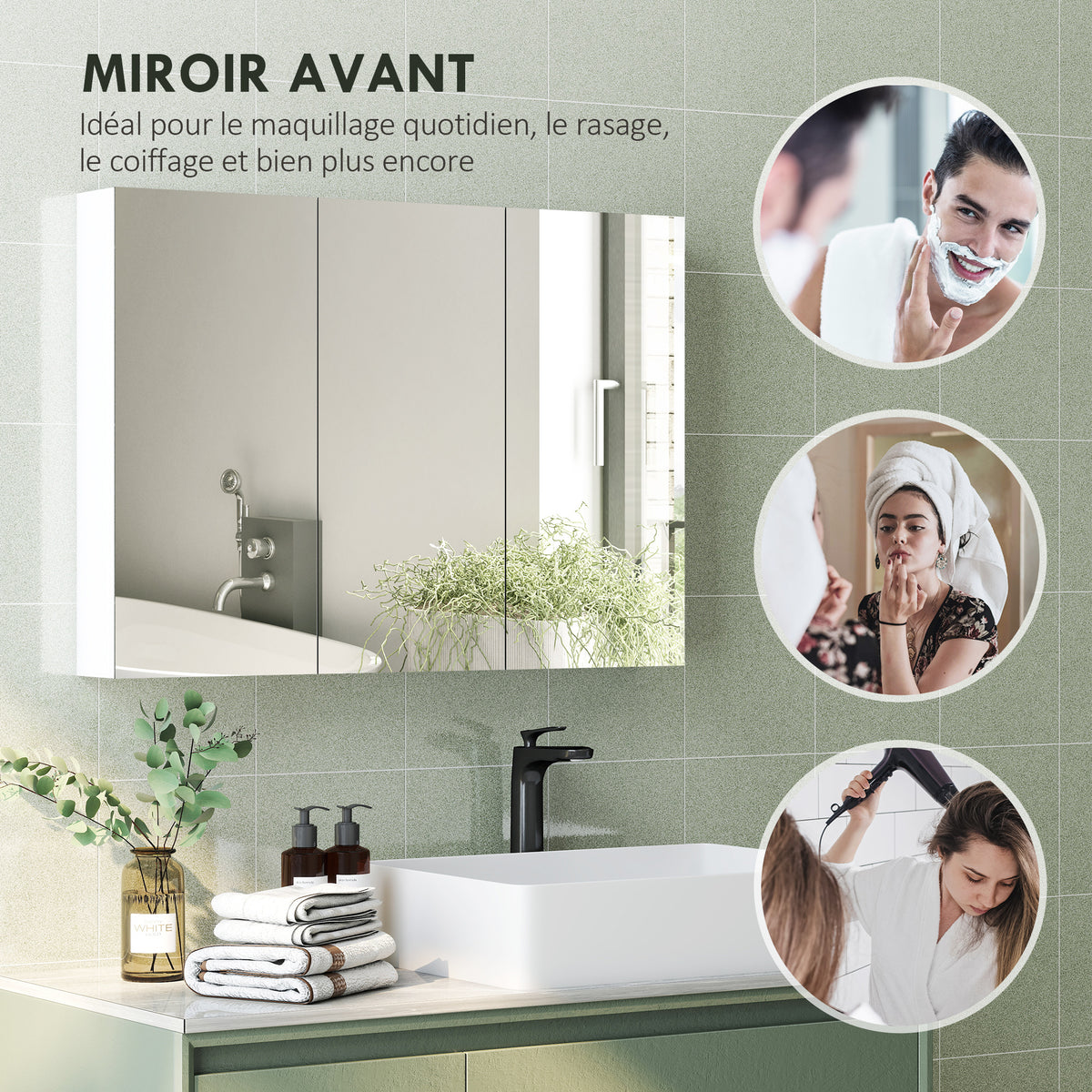 Armoire murale salle de bain avec miroir, armoire de toilette 3 portes miroir, étagères réglables, 91,5x11,5x65cm, blanc-5