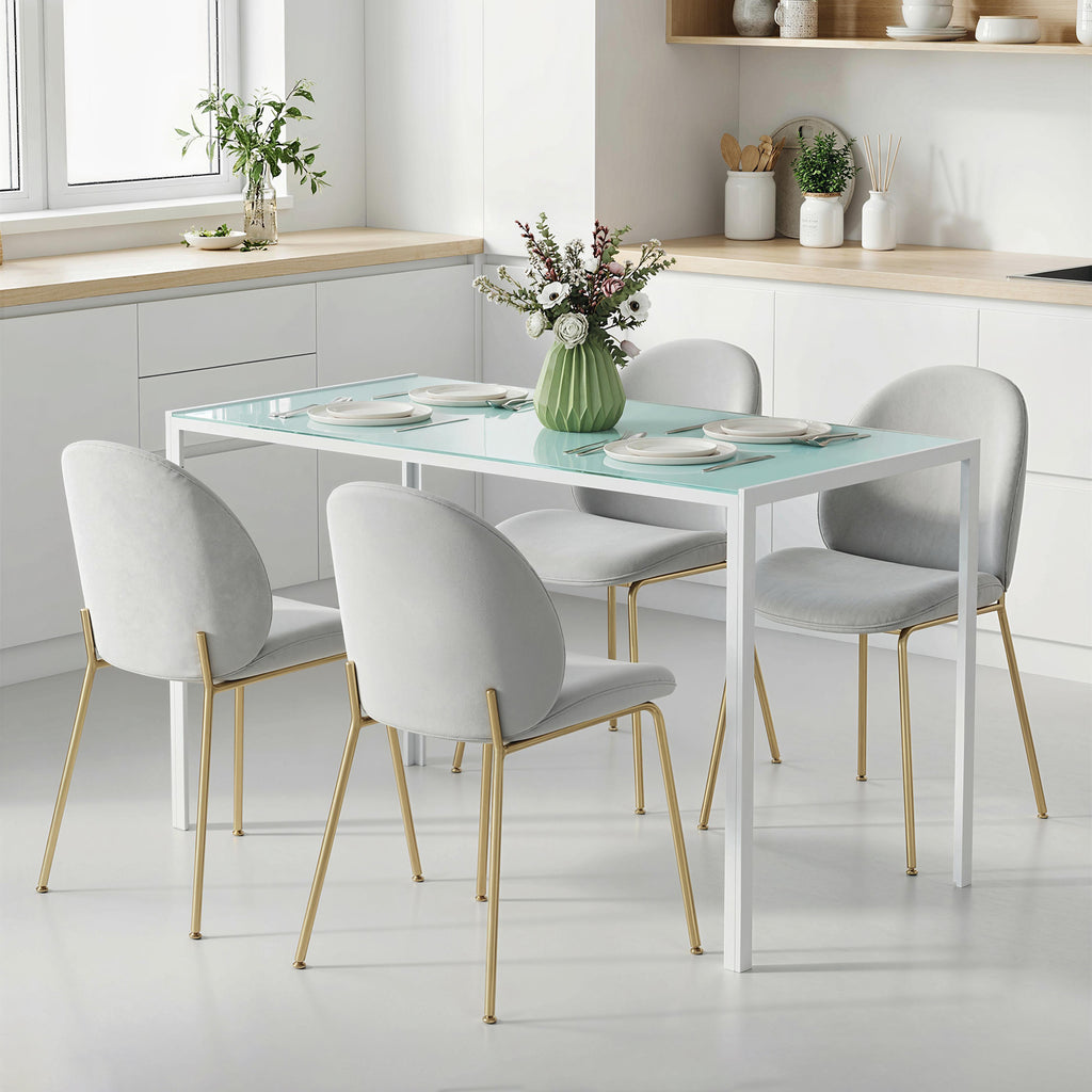 Table à manger pour 4 personnes, table de cuisine avec plateau en verre trempé et pieds en métal, 120x60x75cm, blanc-9