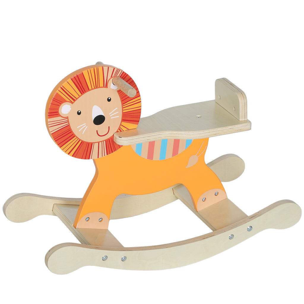 Cheval à bascule pour enfants, lion jouet à bascule bébé en bois avec guidon et base stable, 59 x 27 x 43 cm, orange-0