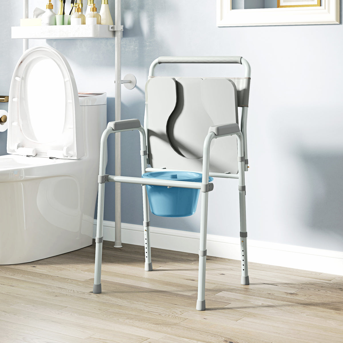 Chaise percée toilette pliable antidérapante hauteur réglable, siège et accoudoirs rembourrés, charge 150 kg, Gris-8