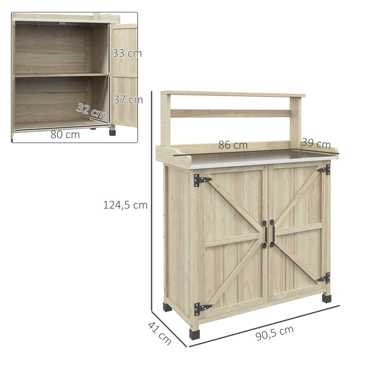 Table de rempotage table de jardinage placard et étagères et plateau patins antidérapants 90,5x41x124,5cm bois naturel-2