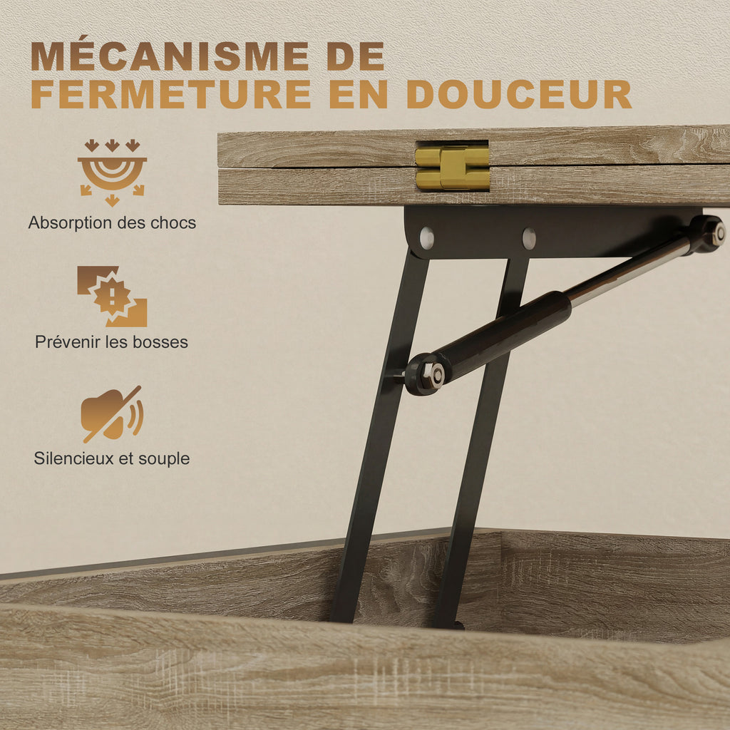 Table basse relevable et extensible, table de salon avec compartiment caché étagères ouvertes, 98x49x55cm, bois naturel-5