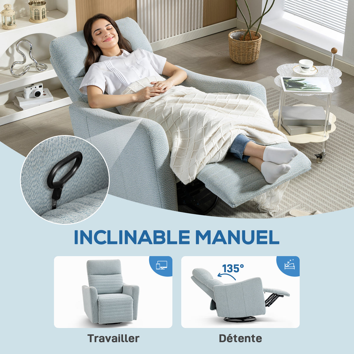 Fauteuil inclinable, fauteuil de relaxation avec repose-pieds, pivotant à 360°, basculant, 82 x 90,5 x 101 cm, gris-bleu-3