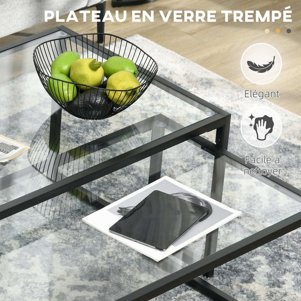 Lot de 2 tables basses gigognes tables de salon rectangulaires design en acier noir et plateaux en verre trempé-4