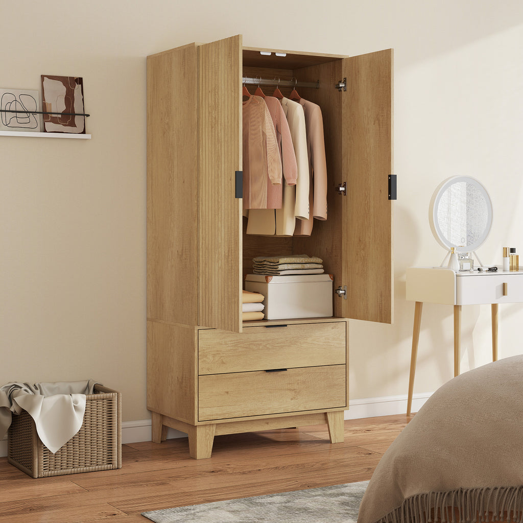 Armoire chambre penderie avec 2 portes à fermeture douce, 2 tiroirs et barre de suspension, 80x50x180cm, bois naturel-8