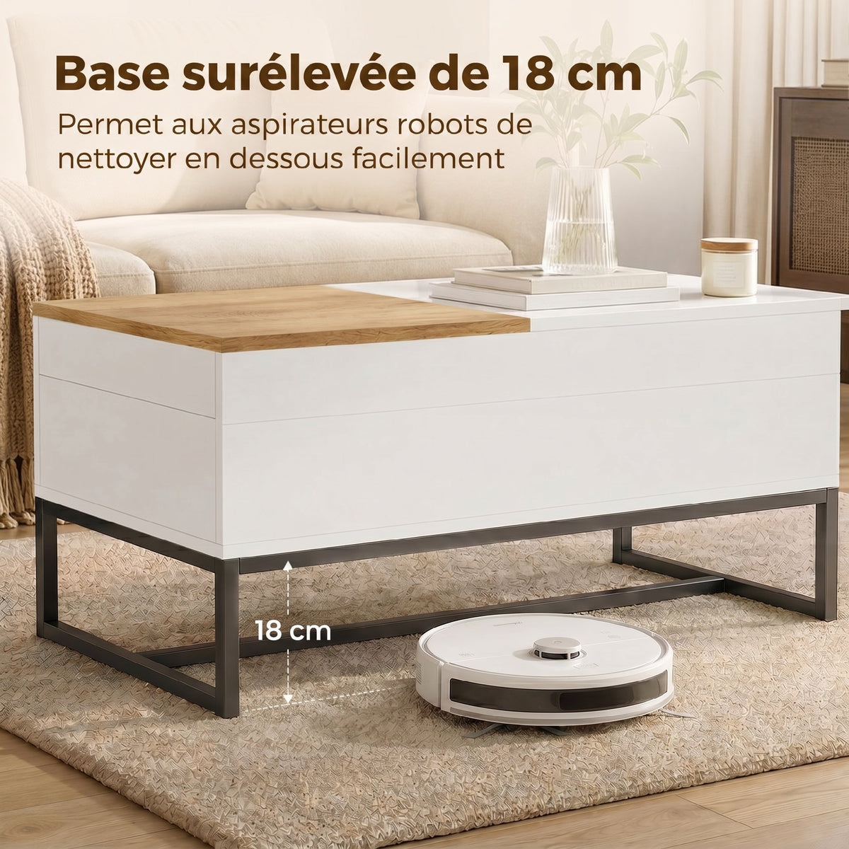 Table Basse Extensible avec Plateau Coulissant, Table de Salon avec Rangement Caché et Pieds en Acier, Blanc-5