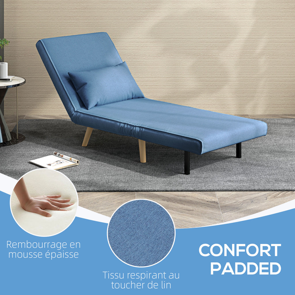 Fauteuil chauffeuse convertible 3 en 1 lit fauteuil lit 1 place dossier 5 positions en tissu avec coussin, bleu-5