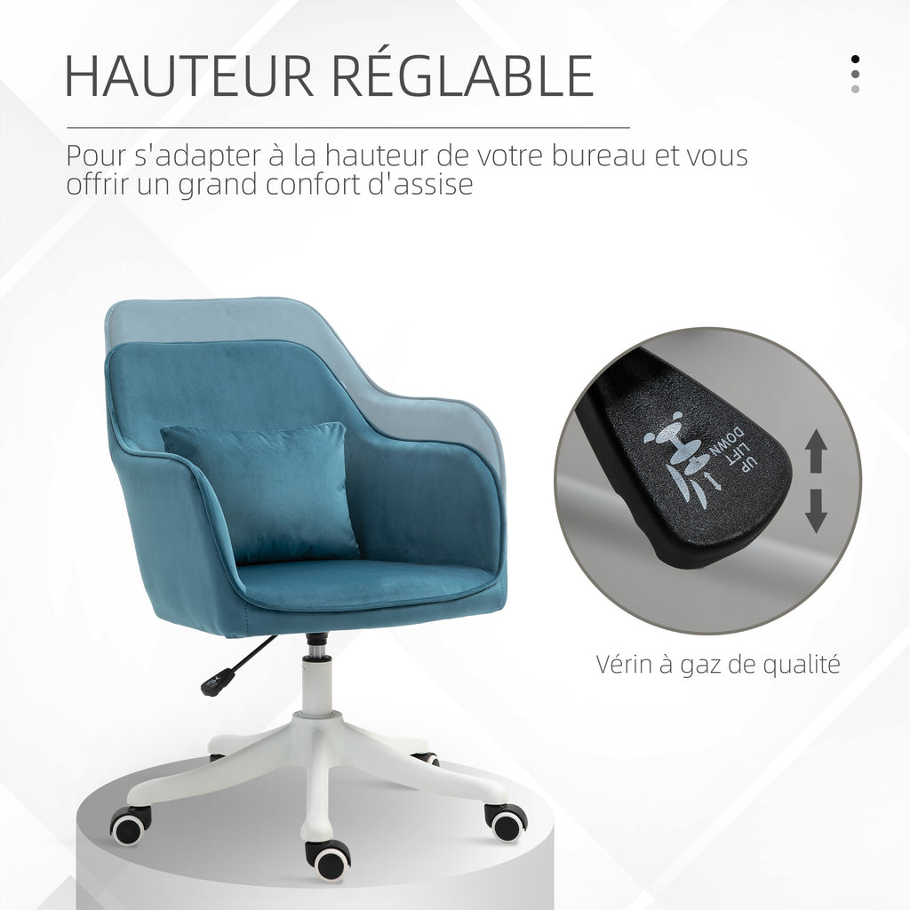 Chaise de bureau velours fauteuil bureau massant coussin lombaire intégré hauteur réglable pivotante 360° bleu-4