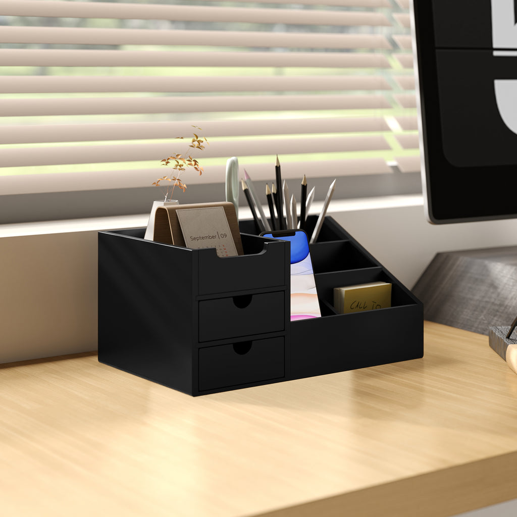 Boite de Rangement de Bureau - Organiseur de Bureau - 7 Compartiments, 2 tiroirs - Bambou Verni Noir-1