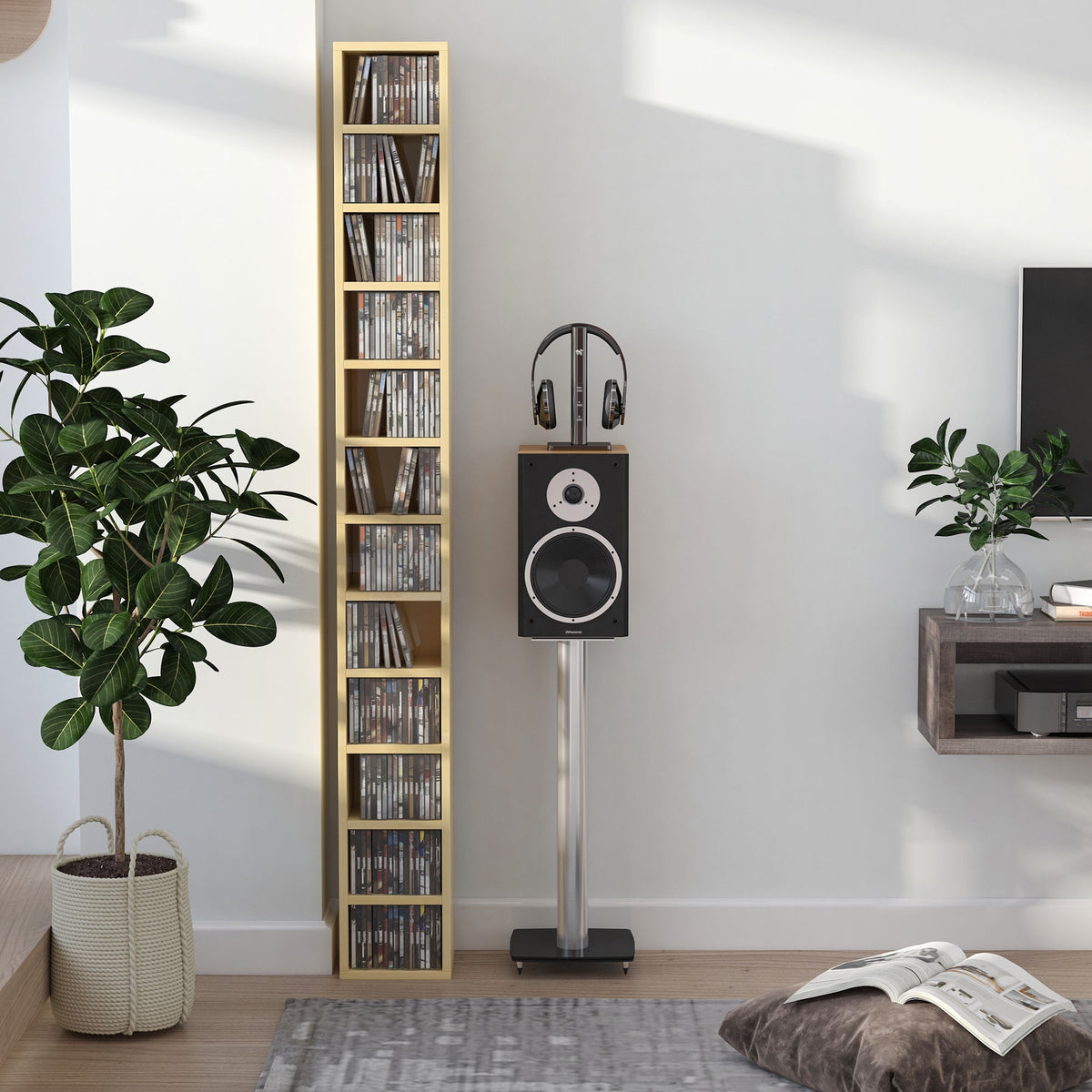 Rangements pour CD et DVD, étagère colonne de rangement, meuble de rangement bois naturel-1