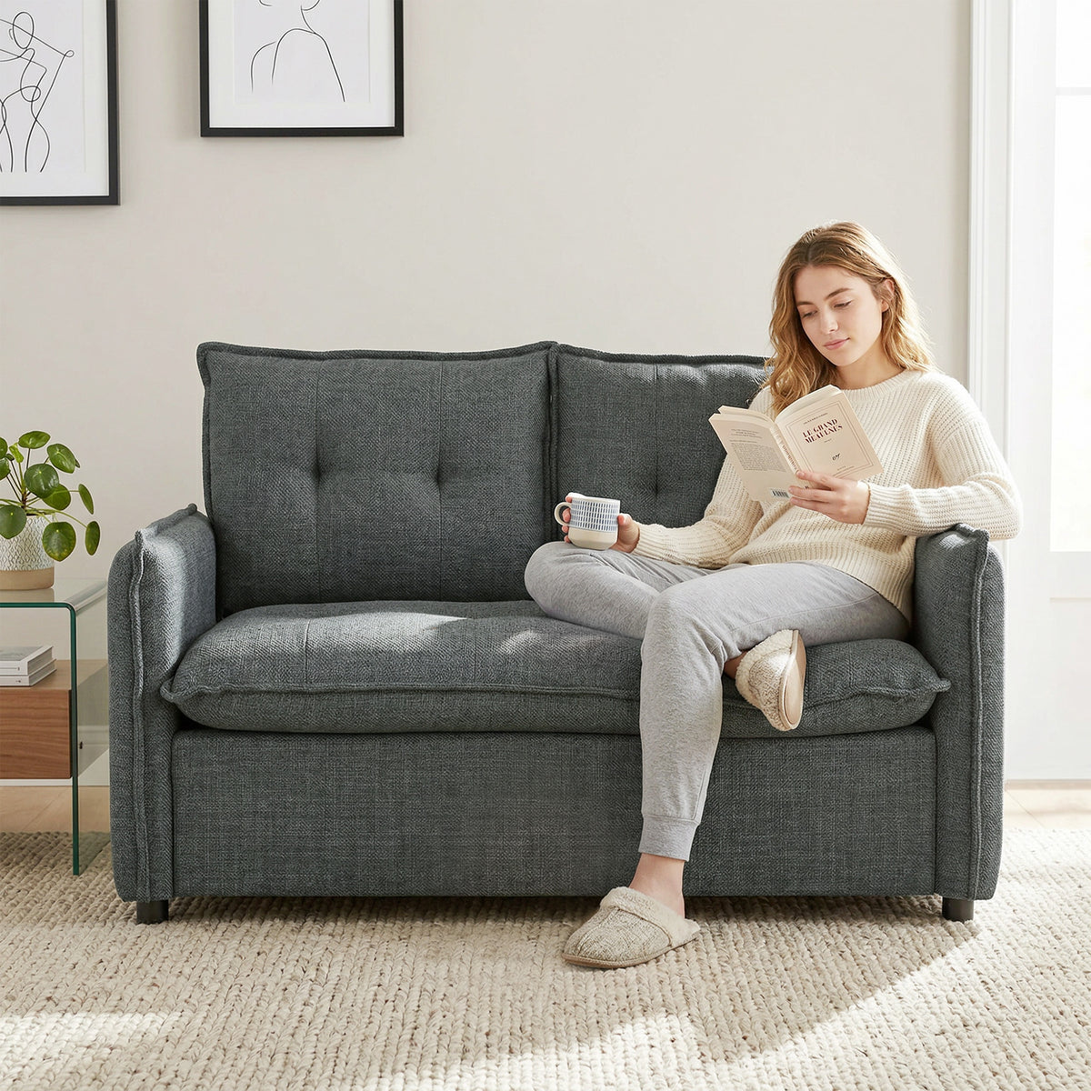 Canapé 2 places, canapé de salon moderne 131 cm avec assise rembourrée, coussins à ressorts, tissu en lin, gris foncé-6