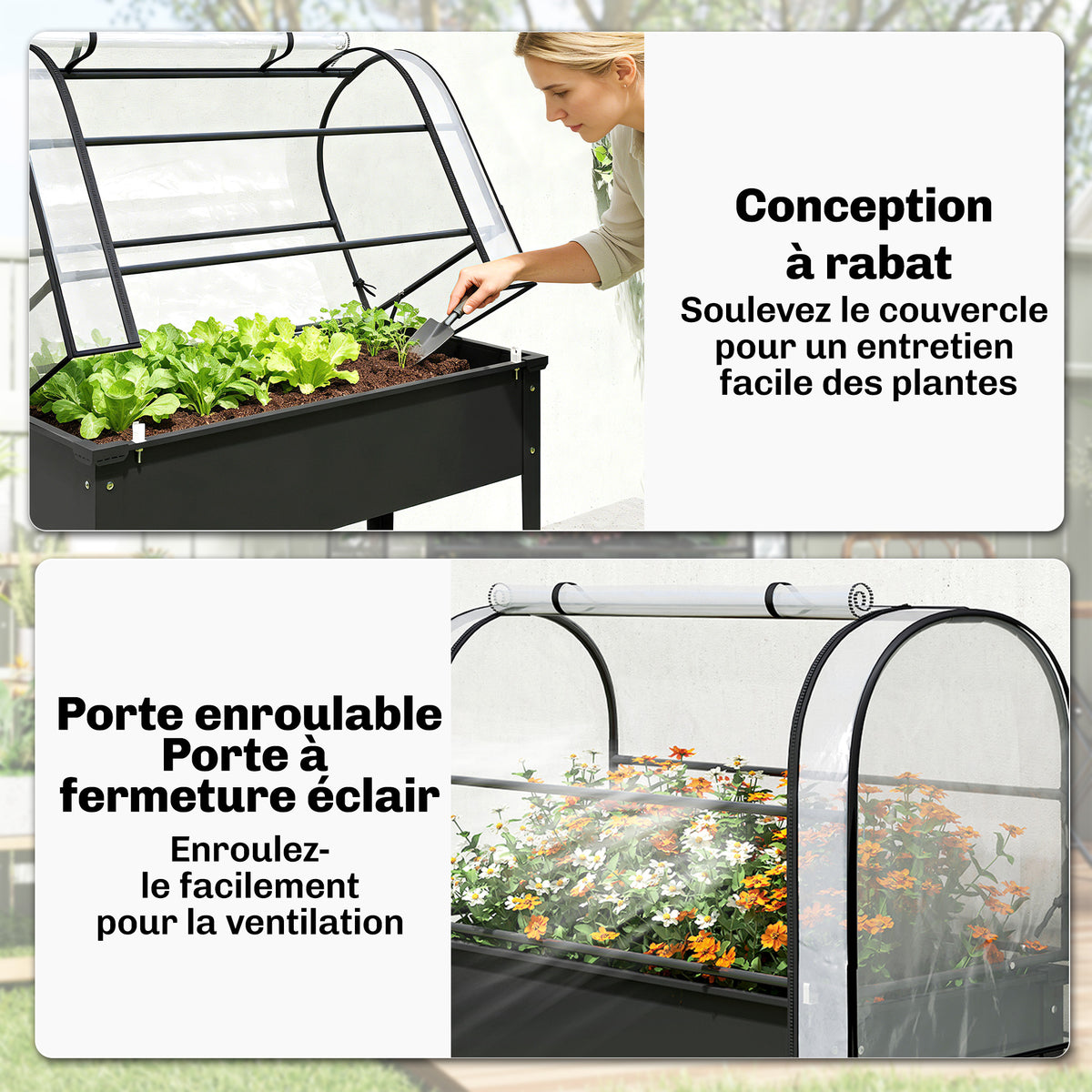 Potager sur Pieds avec Serre Rabattable, Jardinière Surélevée en Métal avec Trou de Drainage, 100 x 49 x 136 noir-5