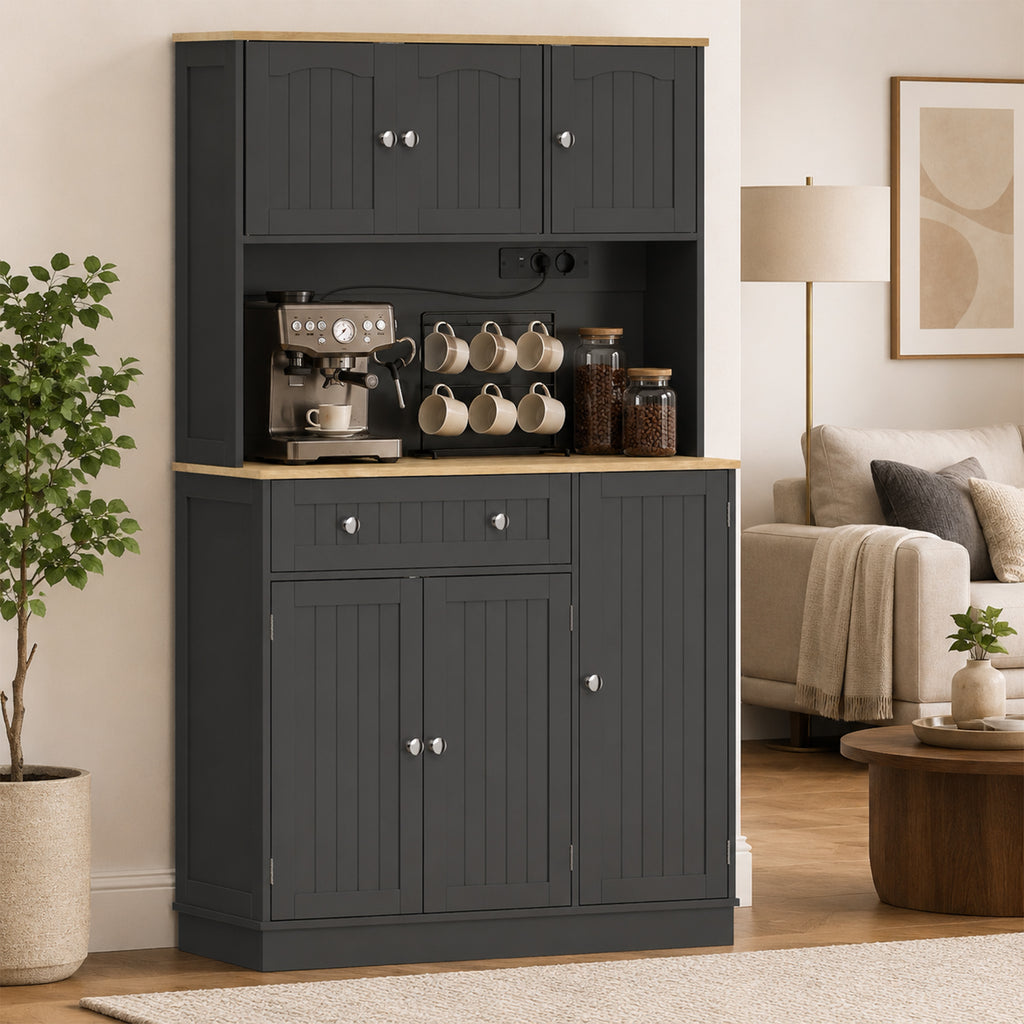 Buffet haut cuisine, armoire de cuisine, station de charge, 6 portes, plan de travail, porte-épices, 100x40x173cm, noir-8
