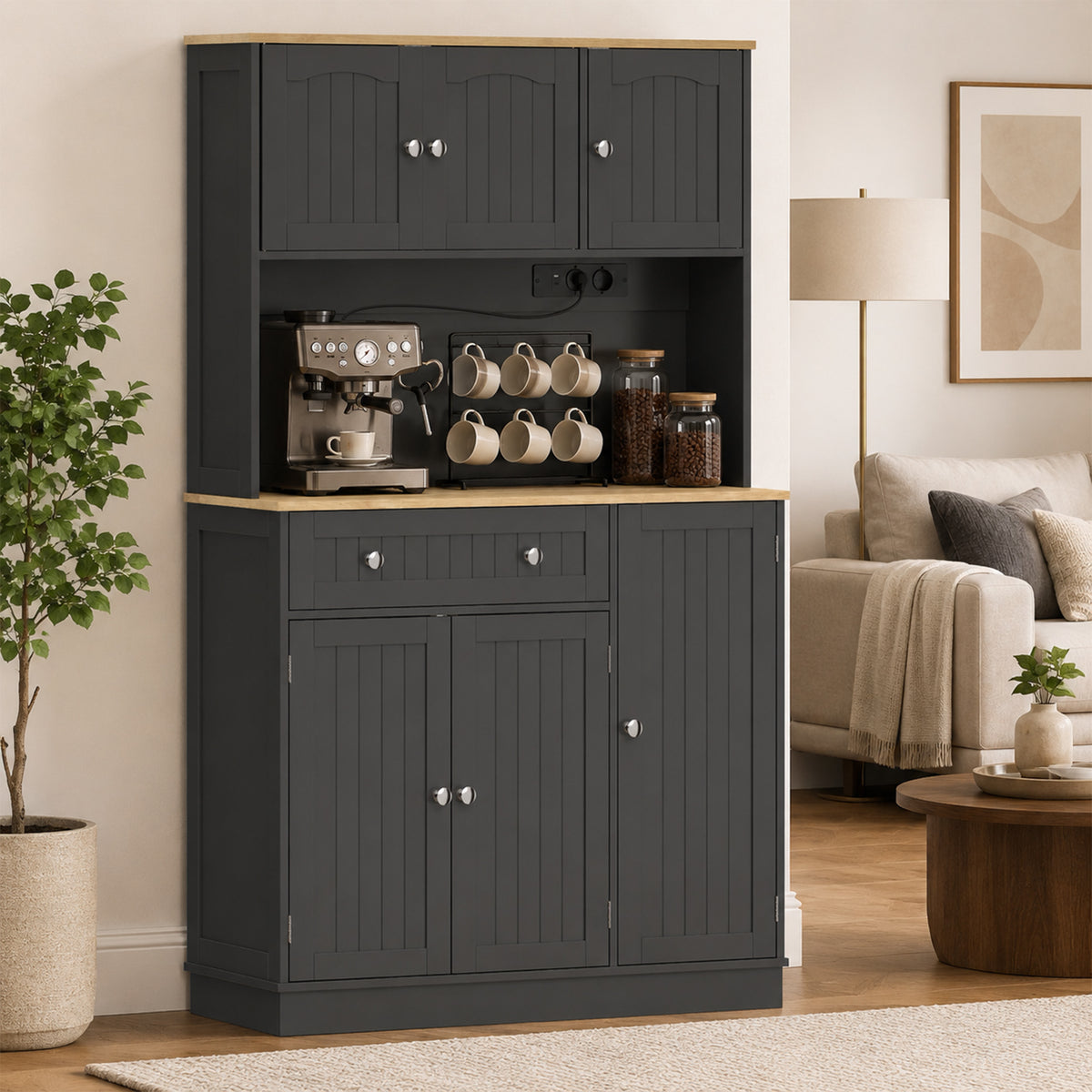 Buffet haut cuisine, armoire de cuisine, station de charge, 6 portes, plan de travail, porte-épices, 100x40x173cm, noir-8
