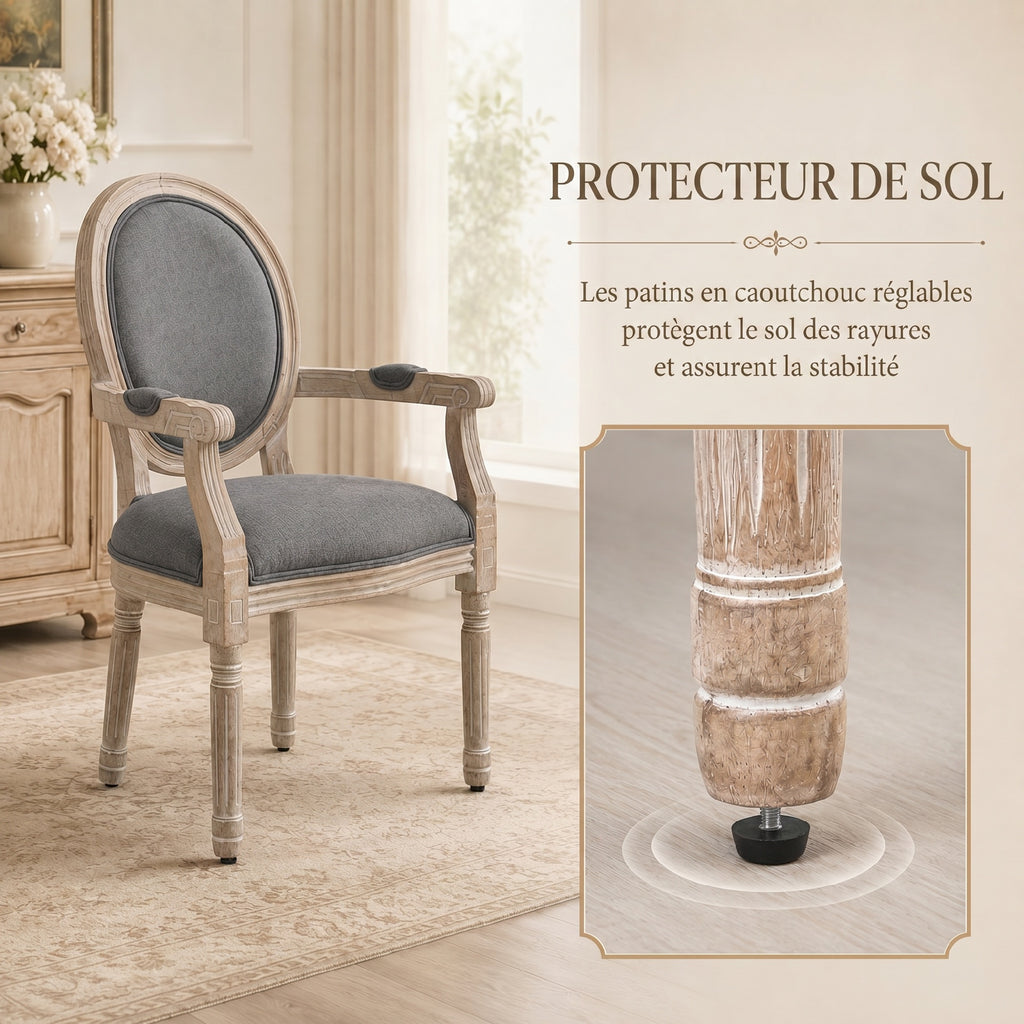 Chaise de Salle à Manger Chaise de Salon médaillon Style Louis XVI Bois Massif patiné sculpté Tissu Lin Gris-5