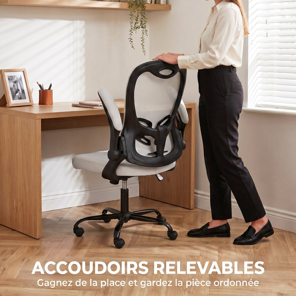 Chaise Bureau Ergonomique, Fauteuil de Bureau Maille, Accoudoirs Relevables, Hauteur Réglable, Fonction Bascule, Gris-3