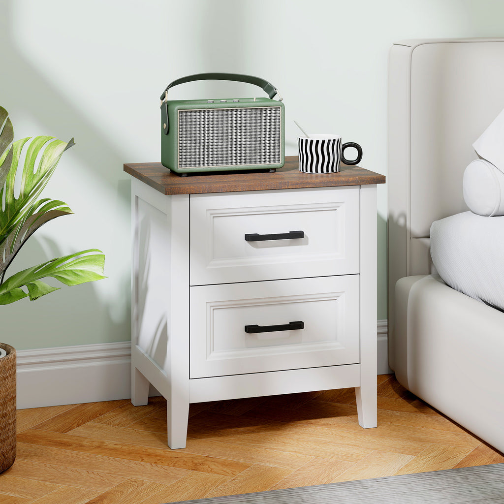 Table de chevet, table de nuit avec 2 tiroirs, plateau effet bois, style rustique, pour chambre à coucher, salon, blanc-1