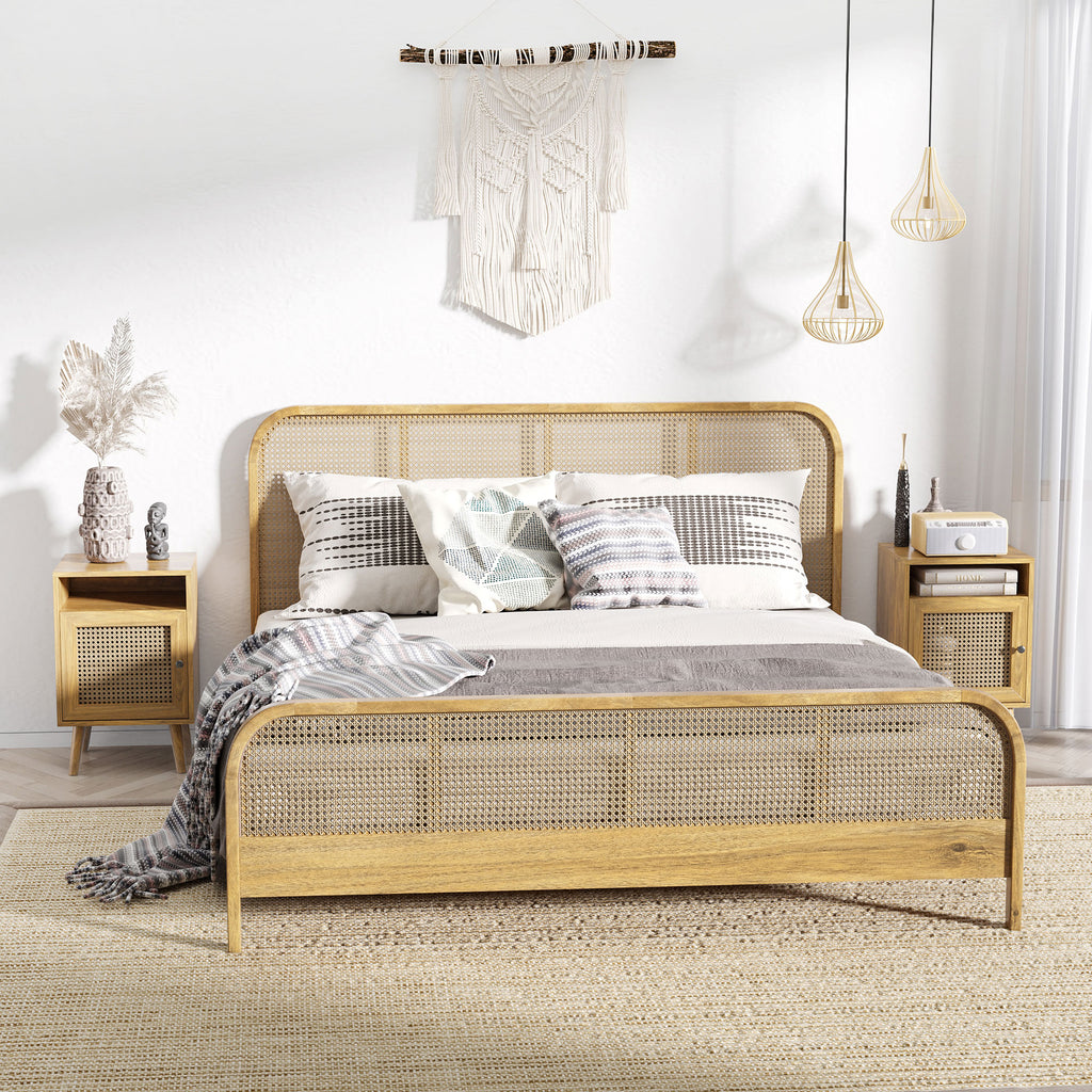 Table de chevet table de nuit avec placard porte cannage et niche design vintage 39 x 35 x 60 cm naturel-1