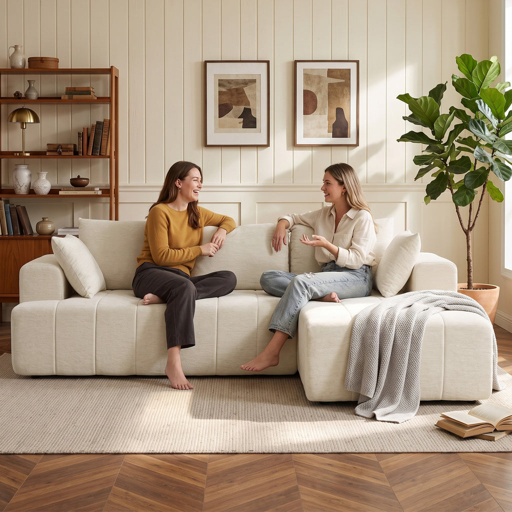 Canapé d'angle 256 cm avec méridienne, canapé-lit 3 places en chenille forme de L, assise et accoudoirs larges, beige-8