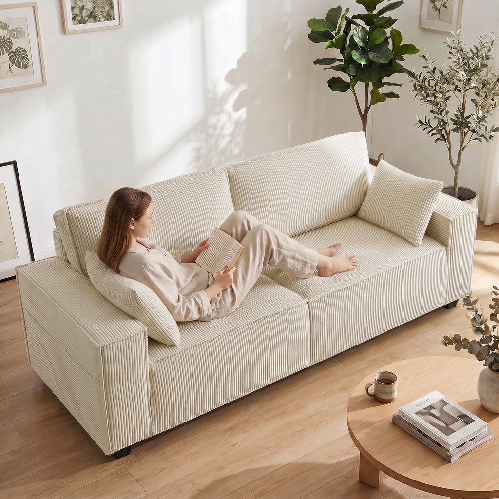 Canapé 3 places en velours côtelé 218 cm, canapé salon,  coussins à ressorts, larges accoudoirs, 2 coussins, beige-6