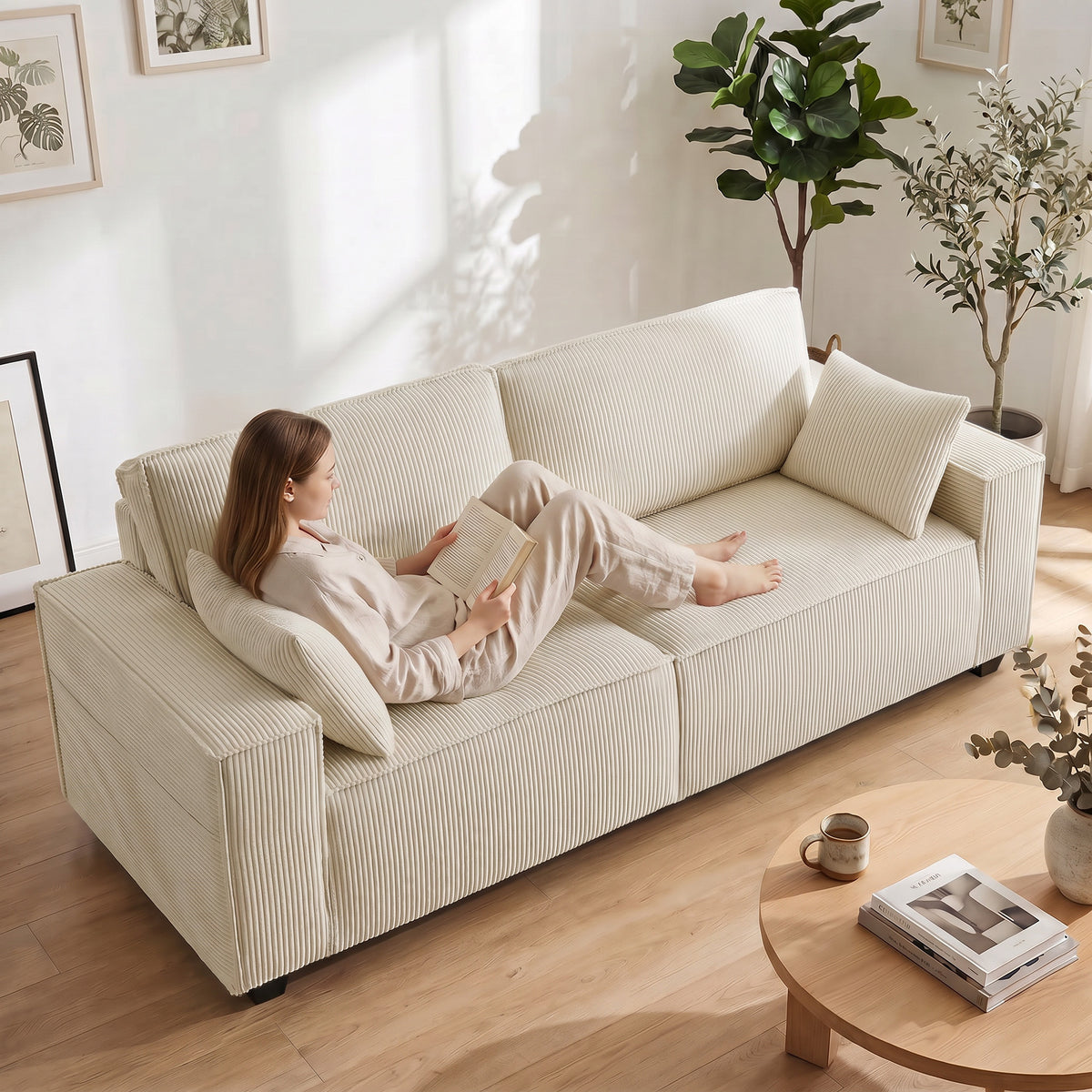 Canapé 3 places en velours côtelé 218 cm, canapé salon,  coussins à ressorts, larges accoudoirs, 2 coussins, beige-6