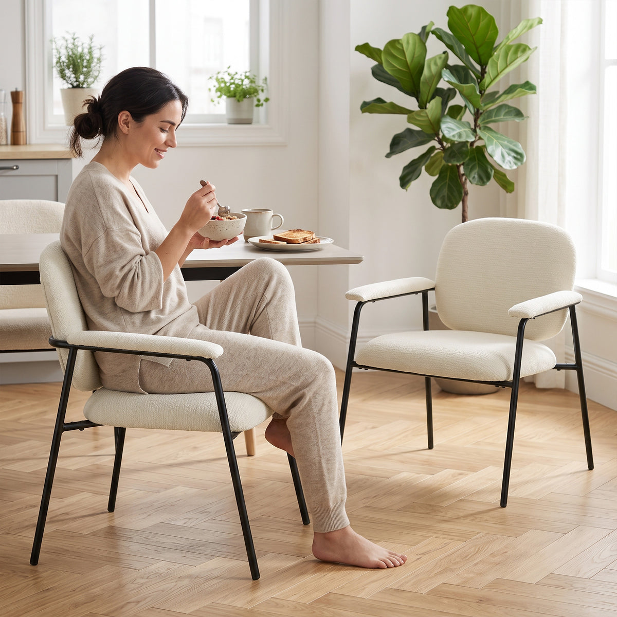 Lot de 2 Fauteuils Salon, Fauteuils d'Appoint en Chenille avec Dossier Profilé, Accoudoirs Rembourrés, Crème-8