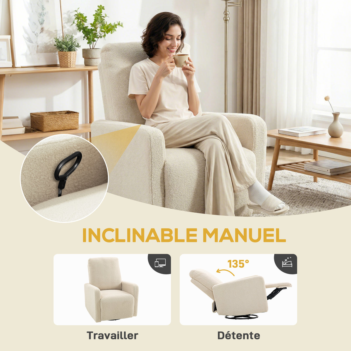 Fauteuil inclinable, fauteuil de relaxation avec repose-pieds, pivotant à 360° et basculant, 76 x 94 x 100 cm, beige-3