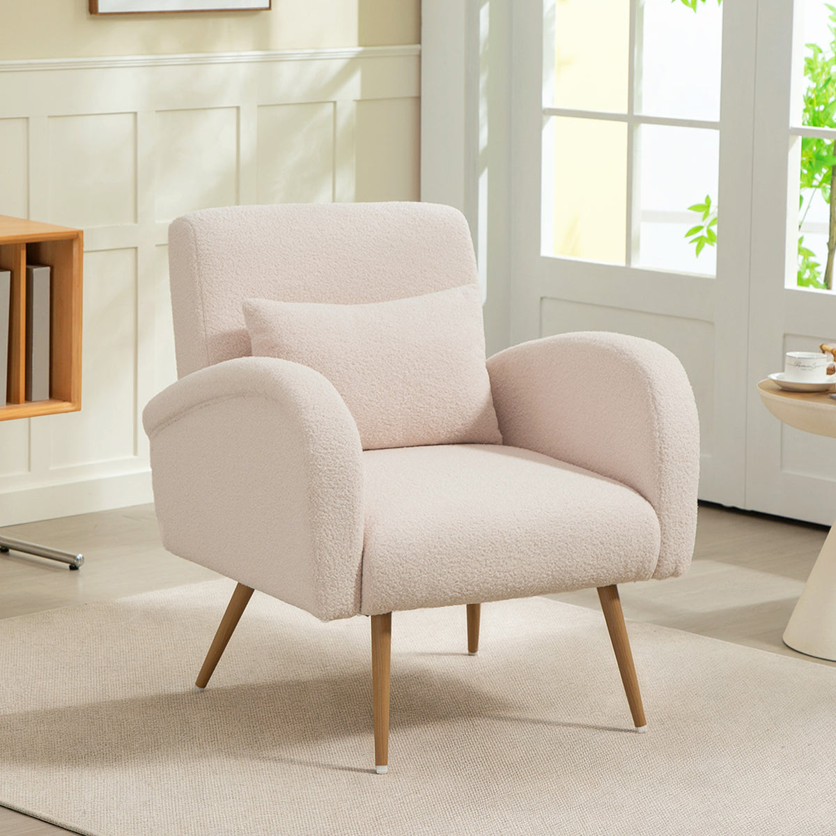 Fauteuil de salon en tissu Teddy, chaise rembourrée, assise large, coussin lombaire, pieds en métal effet bois, beige-9