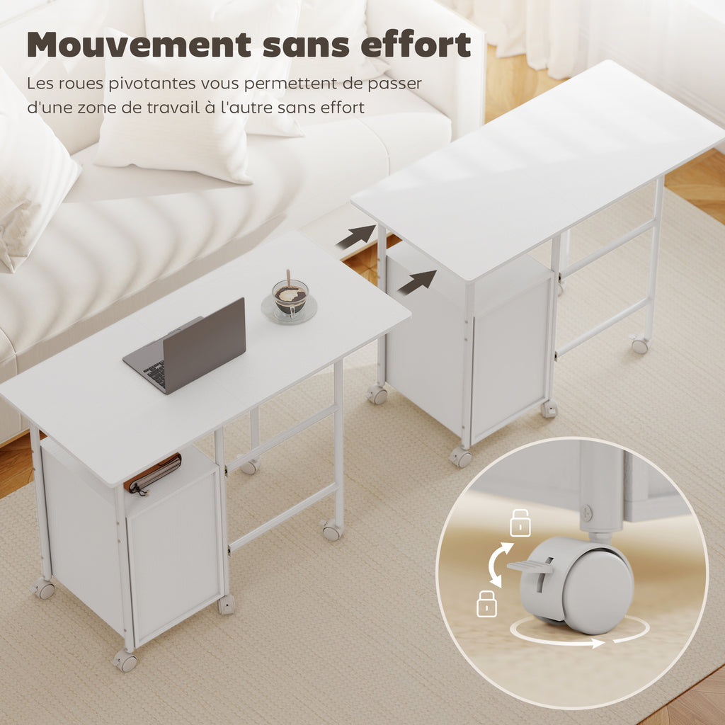 Bureau d'ordinateur pliable sur roulettes, bureau avec rangement, 3 tiroirs, plateau extensible, 105x51x75,5cm, blanc-5