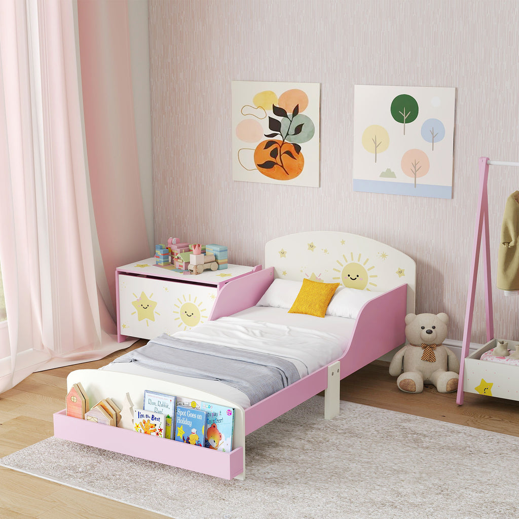 Lit enfant 70 x 140 cm, lit pour enfant avec barriere de securite et sommier à lattes, espace de rangement, rose-9