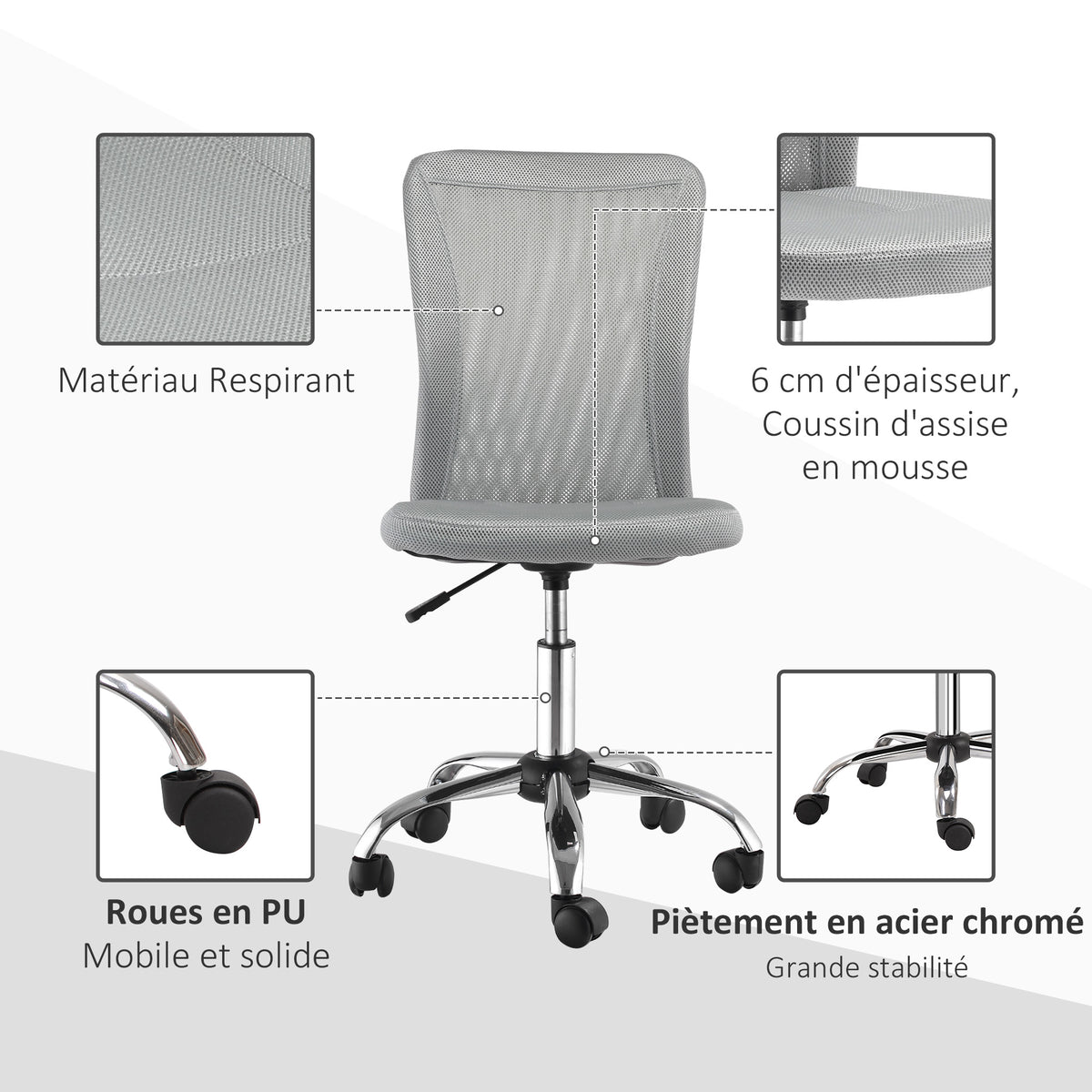 Chaise de Bureau Ergonomique, Fauteuil de Bureau, Hauteur Réglable, Piètement Chromé, Pivotant 360°, Revêtement Maille, Gris-3