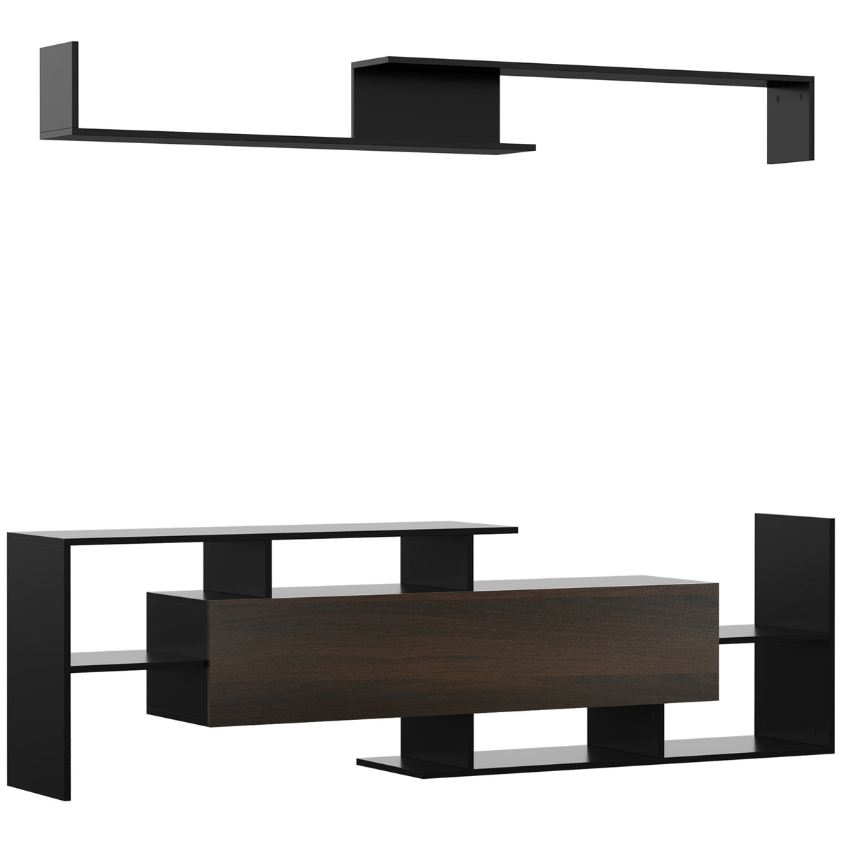 Ensemble meuble TV avec banc et étagère murale style contemporain 153,6L cm - noir-0