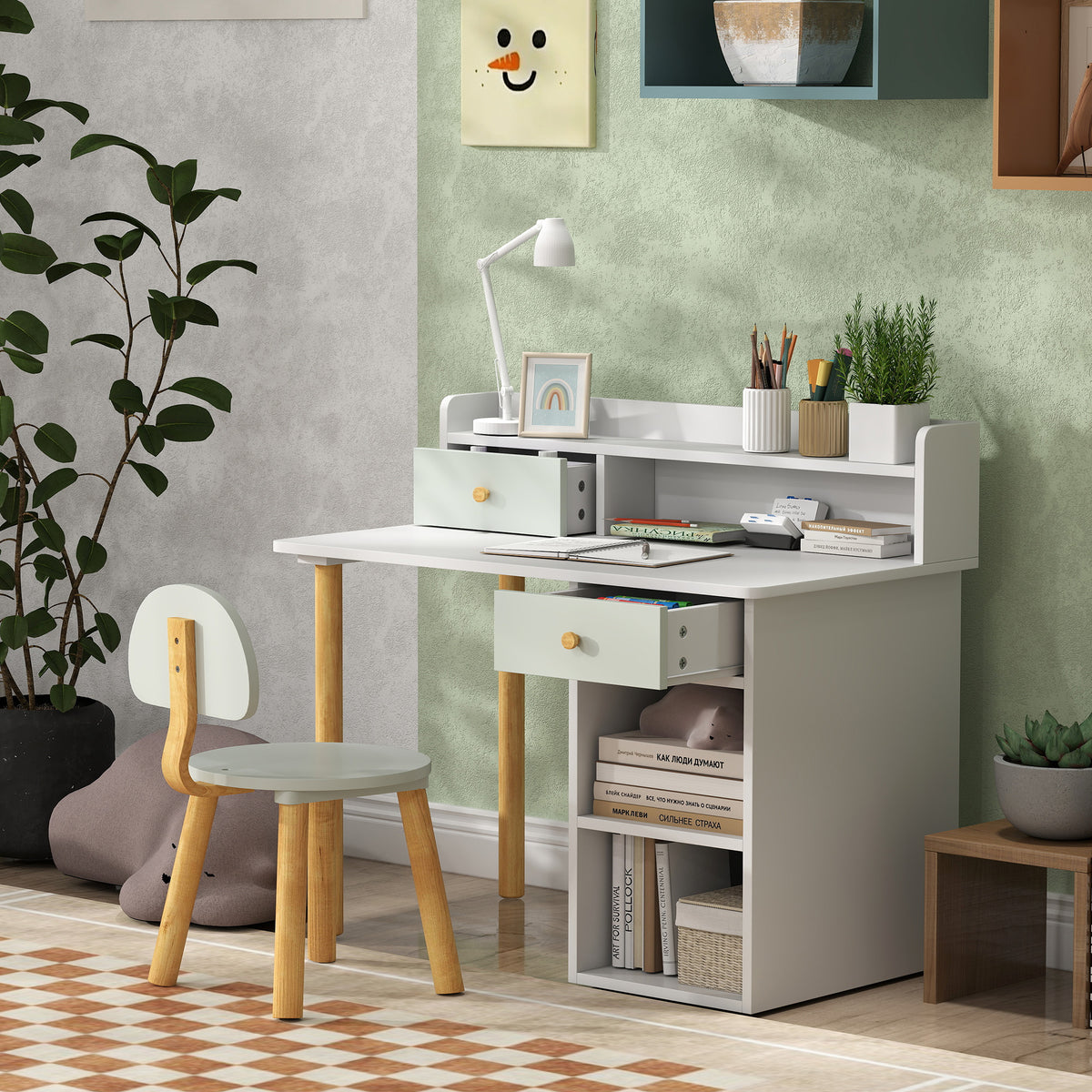 Bureau enfant avec chaise, table enfant et chaise avec 2 tiroirs et étagères ouvertes, 85 x 48 x 73 cm, vert-8