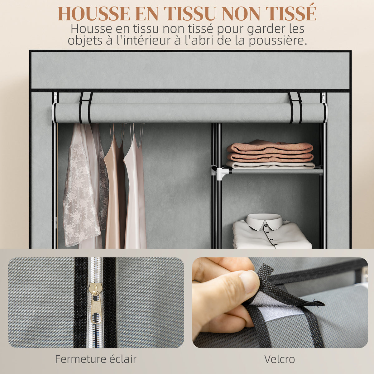 Armoire penderie multi-rangement - 6 étagères, 1 barre - non tissé gris clair-4